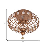 Metal Cage Crystal Flush Mount Lamp 3/6 Lights Brass