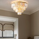 Vintage Crystal Block Flush Mount Lamp - 16/19.5 Dia 5/6 Heads Gold Finish