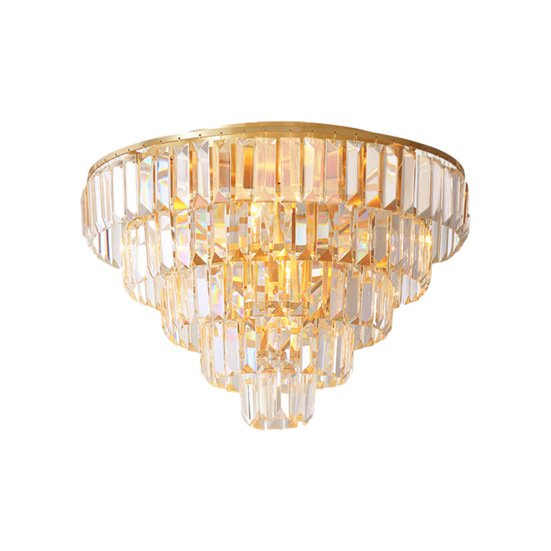 Vintage Crystal Block Flush Mount Lamp - 16/19.5 Dia 5/6 Heads Gold Finish