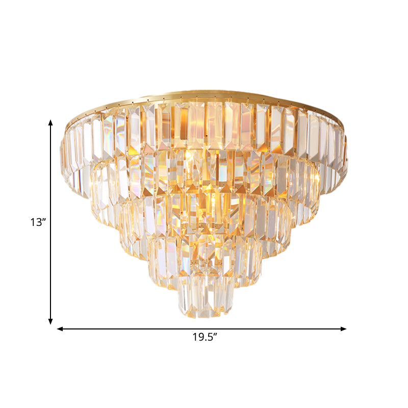 Vintage Crystal Block Flush Mount Lamp - 16/19.5 Dia 5/6 Heads Gold Finish