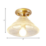 Colonial Brass Clear Ribbed Glass Flush Mount Light - 7.5/8 Width Cone/Bell Ceiling Fixture Single