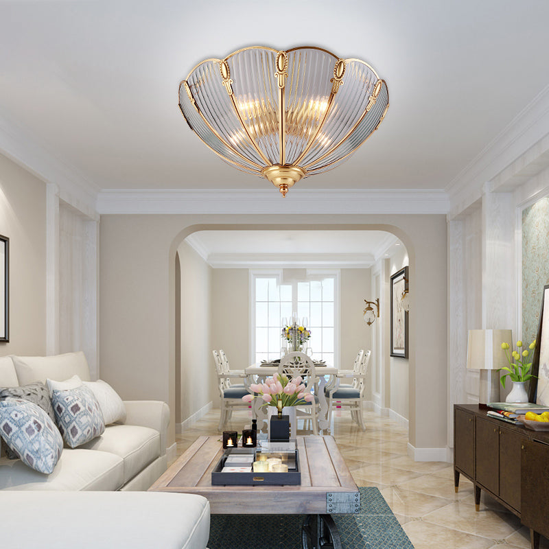 Prismatic Glass Flush Mount Ceiling Light With Colonial Brass Finish - 3-Light Scalloped Design