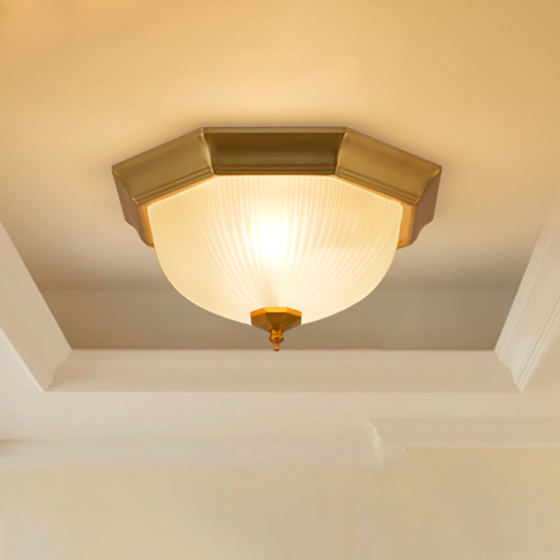 Dome Foyer Flush Mount Light - Colonial Ribbed Opal Glass Brass Finish Close To Ceiling Lamp 12.5/15