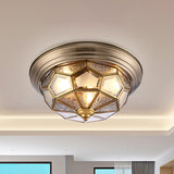 Colonial Frosted Glass Brass Ceiling Flush Mount Lamp With 3 Faceted Heads For Bedroom