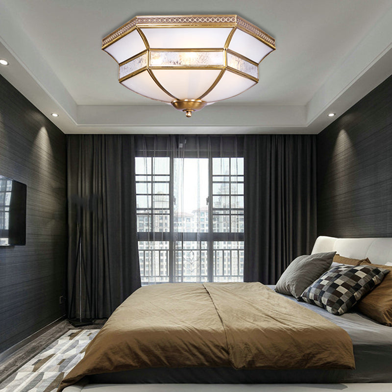 Brass Scalloped Ceiling Mounted Light With White Glass Shades - 3/4 Head Flush Mount Lamp For Living