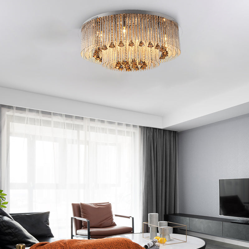 Contemporary Crystal Flush Light Fixture - Round Nickel Ceiling Mount For Living Room (9/12/18
