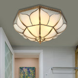 Colonial Brass Ceiling Light With 4 Bulbs Mouth Blown Opal Glass - Flush Fixture For Living Room