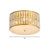 Modern Cut Crystal Gold Drum Flush Mount Ceiling Light With Opal Glass Diffuser - 5 Bulbs 3 Sizes