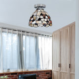 Stained Glass Flower Pattern Ceiling Light - Tiffany Style Flush Mount With 1 Bulb Black/Chrome