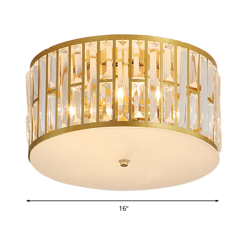 Modern Cut Crystal Gold Drum Flush Mount Ceiling Light With Opal Glass Diffuser - 5 Bulbs 3 Sizes