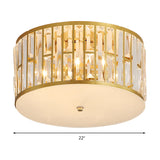 Modern Cut Crystal Gold Drum Flush Mount Ceiling Light With Opal Glass Diffuser - 5 Bulbs 3 Sizes