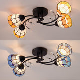 Tiffany Style Stained Glass Semi Flush Light - Blue/Orange Bowl Design Ideal For Bedrooms