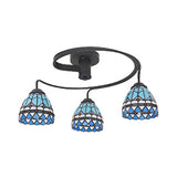 3-Light Mediterranean Stained Glass Semi-Flush Ceiling Fixture With Blue Shade For Dining Room /