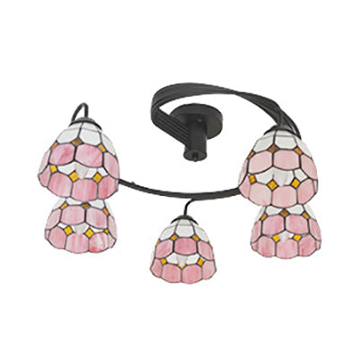Tiffany Vintage Stained Glass Semi Flush Light Fixture - 3/5-Light Bowl Design For Bedroom Décor In