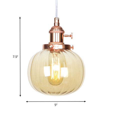 Vintage Style Amber/Clear Ridged Glass Pendant Light Fixture - Adjustable Ceiling For Living Room