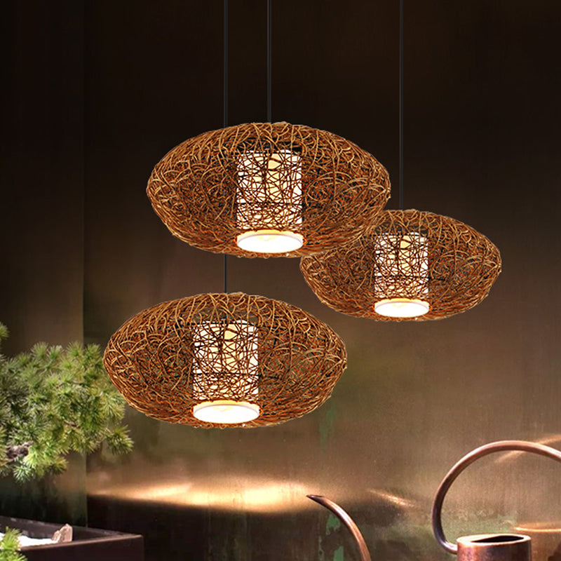 Retro Rattan Hanging Light With Woven Suspension - Brown 1 Bulb Perfect For Tearooms