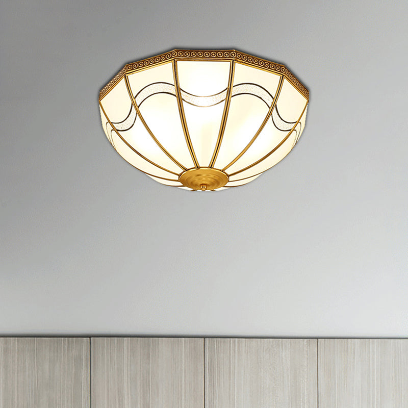 Brass Inverted Flush Ceiling Lamp With Milky Glass 4 Lights And Wave Pattern - Ideal For Bedrooms