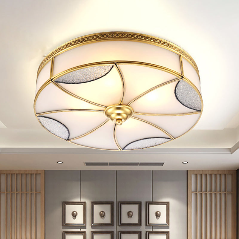 Vintage Brass Flushmount Light With Frosted Glass - 4 Lights Round Ceiling Mount For Living Room