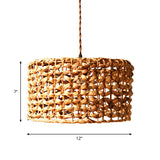 Traditional Rattan Drum Pendant: Brown Hanging Lamp Kit For Dining Room 1 Bulb