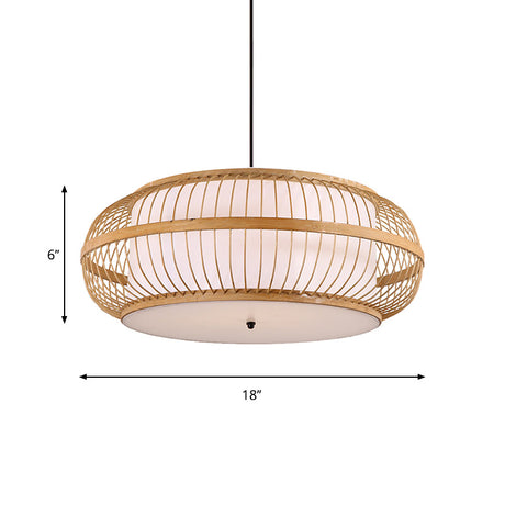 Contemporary Bamboo Pendant Light With Rounded Drum Suspension - 1 Bulb Wood Hanging Kit