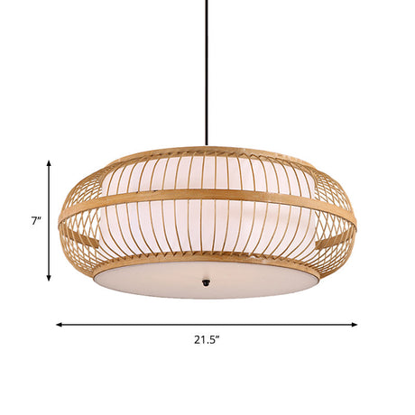 Contemporary Bamboo Pendant Light With Rounded Drum Suspension - 1 Bulb Wood Hanging Kit