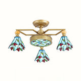 Nautical-Style Stained Glass Cone Semi Flush Lamp With 4/6/7 Blue Lights For Surface Mount Ceiling