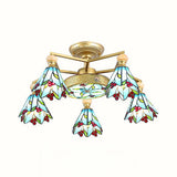 Nautical-Style Stained Glass Cone Semi Flush Lamp With 4/6/7 Blue Lights For Surface Mount Ceiling