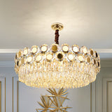 Contemporary 9-Head Brass Drum Chandelier With Faceted Crystal Hangings