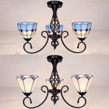 Vintage Tiffany Stained Glass Ceiling Light - 3 Lights White/Blue Surface Mount