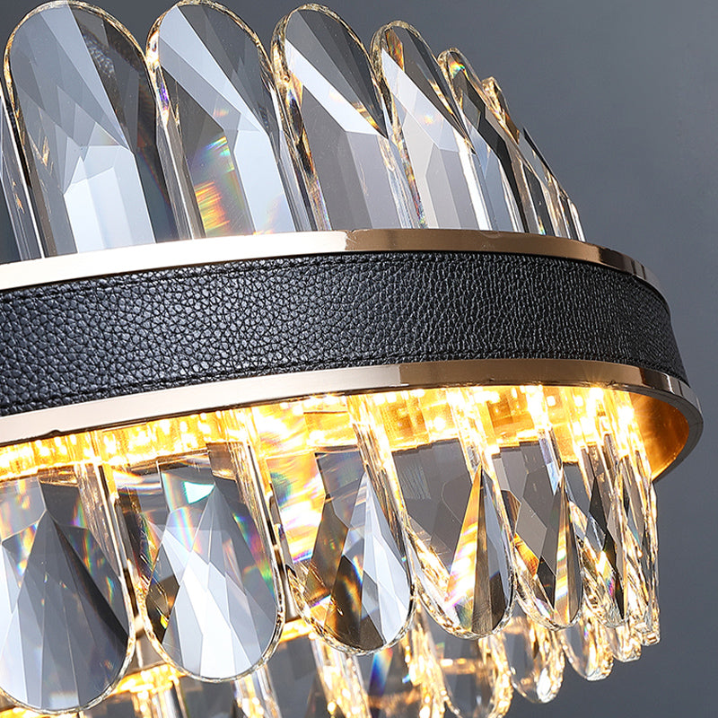 Black Led Chandelier Pendant Light With Round Beveled Crystal Shade - Stylish Living Room Lighting