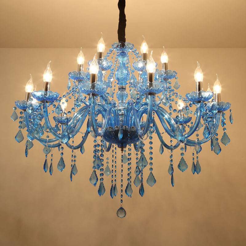 Modern Crystal Pendant Chandelier With Blue Hanging Light - 6/18 Bulbs Candle/Bell Design