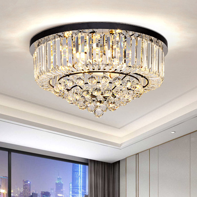 Contemporary Crystal Rod Drum Flush Mount Ceiling Light - 4/6/9 Heads Black Multiple Sizes
