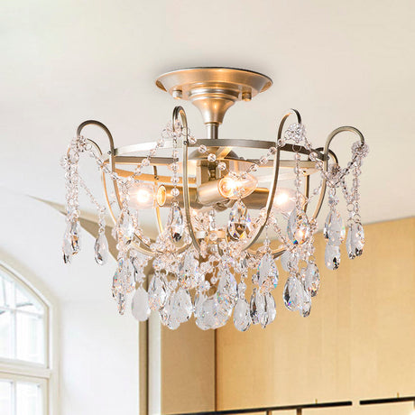 Semi Flush Traditional Crystal Ceiling Light Fixture - Beveled 4 Bulbs Brass Mount