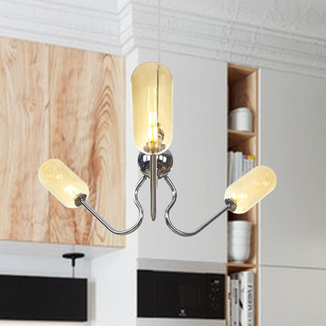 Vintage Oval Chandelier Lighting - Amber/Clear Glass 3 Heads Ceiling Lamp With Adjustable Cord In