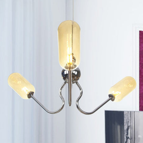 Vintage Oval Chandelier Lighting - Amber/Clear Glass 3 Heads Ceiling Lamp With Adjustable Cord In