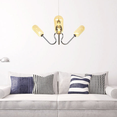 Vintage Oval Chandelier Lighting - Amber/Clear Glass 3 Heads Ceiling Lamp With Adjustable Cord In