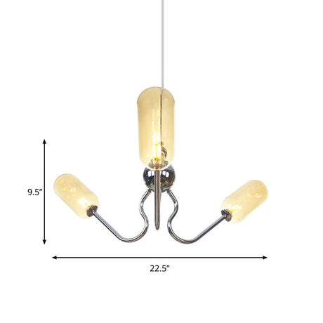 Vintage Oval Chandelier Lighting - Amber/Clear Glass 3 Heads Ceiling Lamp With Adjustable Cord In