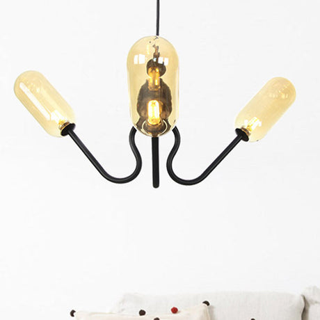 Vintage Oval Chandelier Lighting - Amber/Clear Glass 3 Heads Ceiling Lamp With Adjustable Cord In