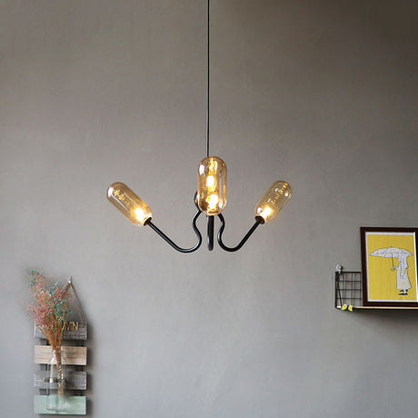 Vintage Oval Chandelier Lighting - Amber/Clear Glass 3 Heads Ceiling Lamp With Adjustable Cord In