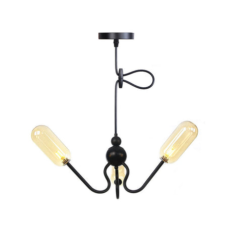Vintage Oval Chandelier Lighting - Amber/Clear Glass 3 Heads Ceiling Lamp With Adjustable Cord In