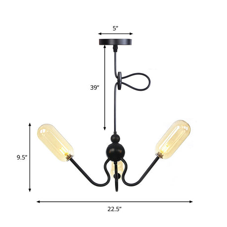 Vintage Oval Chandelier Lighting - Amber/Clear Glass 3 Heads Ceiling Lamp With Adjustable Cord In