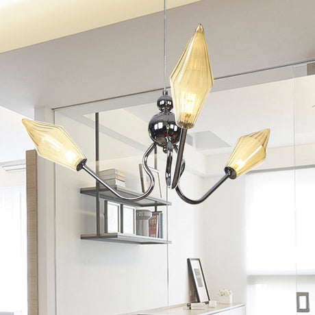 Vintage 3-Head Hanging Lamp With Amber/Clear Glass Diamonds - Adjustable Cord Black/Chrome Finish