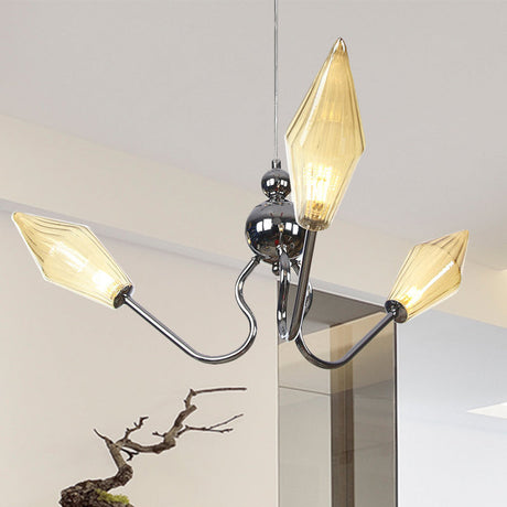 Vintage 3-Head Hanging Lamp With Amber/Clear Glass Diamonds - Adjustable Cord Black/Chrome Finish