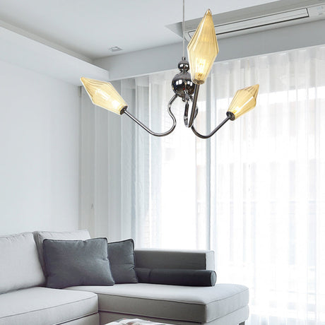 Vintage 3-Head Hanging Lamp With Amber/Clear Glass Diamonds - Adjustable Cord Black/Chrome Finish