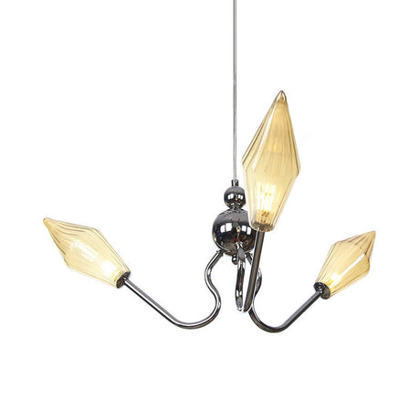 Vintage 3-Head Hanging Lamp With Amber/Clear Glass Diamonds - Adjustable Cord Black/Chrome Finish