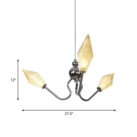 Vintage 3-Head Hanging Lamp With Amber/Clear Glass Diamonds - Adjustable Cord Black/Chrome Finish
