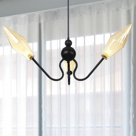Vintage 3-Head Hanging Lamp With Amber/Clear Glass Diamonds - Adjustable Cord Black/Chrome Finish