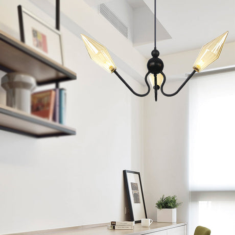 Vintage 3-Head Hanging Lamp With Amber/Clear Glass Diamonds - Adjustable Cord Black/Chrome Finish
