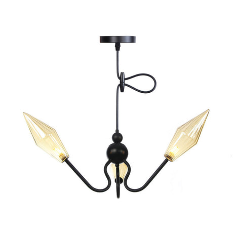 Vintage 3-Head Hanging Lamp With Amber/Clear Glass Diamonds - Adjustable Cord Black/Chrome Finish