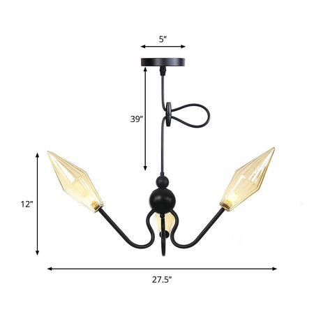 Vintage 3-Head Hanging Lamp With Amber/Clear Glass Diamonds - Adjustable Cord Black/Chrome Finish